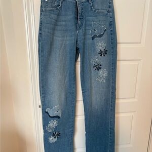 Pilcro Blue Straight Leg Jeans with Floral and Bird Embroidery